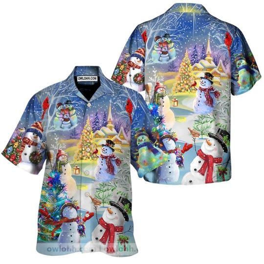 Snowman Village Christmas Hawaiian Shirt, Festive Holiday Aloha Shirt, Winter Wonderland Snowman Hawaiian Shirt, Retro Christmas Movie Party