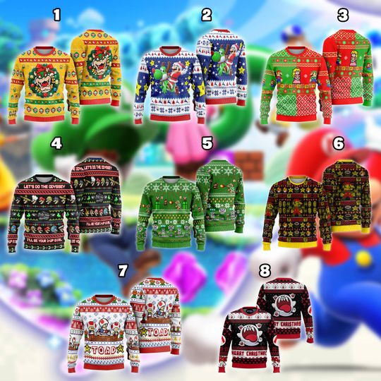 Super Mario Bros Ugly Christmas Sweater, Nintendo Mario Luigi Peach Bowser Toad Yoshi Xmas 2025 Sweater, Christmas, Super Mario Ugly Sweater