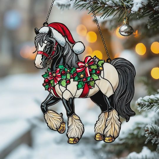 Discover Christmas Horse Ornament, Faux Stained Glass Acrylic Suncatcher 2025 Holiday Window Hanging
