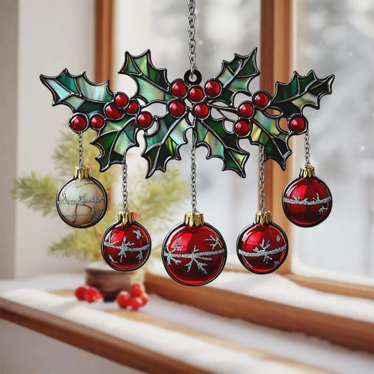 Discover Holly Ornament Acrylic Suncatcher, Faux Stained Glass Christmas Window Hanging Gift 2025
