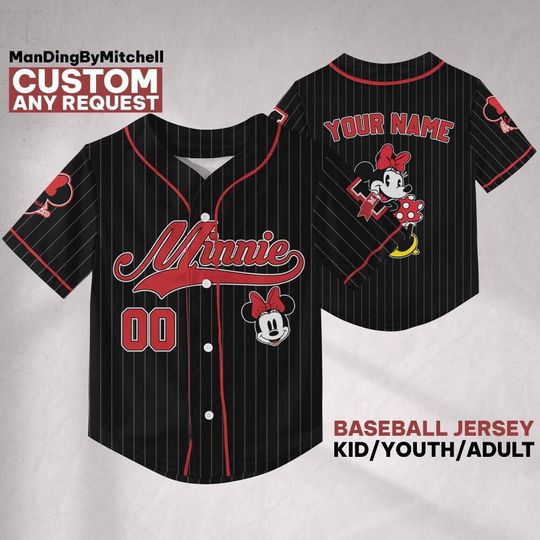 Discover Personalize Disney Minnie Mouse Black Red, Custom Disneyland Jersey, Baseball Team, Mickey Mouse Birthday, Gift for Disney Fans