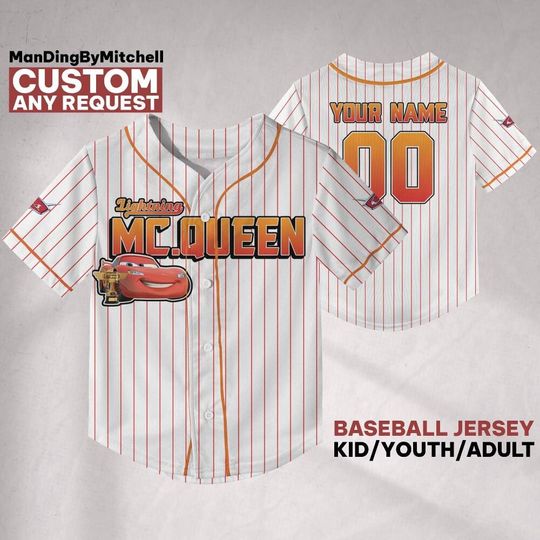 Discover Custom Disney Car McQueen Red Striped Baseball Jersey, Custom Kid Youth Adult Baseball Family Team Jersey, Disneyland Cute Birthday Gift