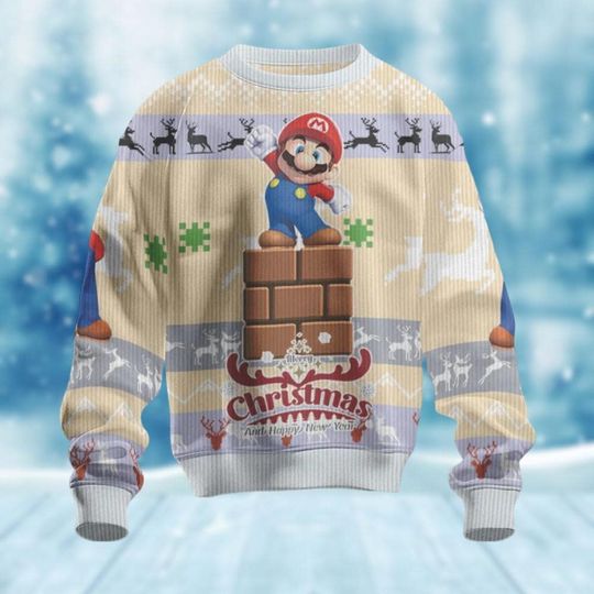 Discover Super Mario Ugly Christmas Sweater, Mario Holiday Sweater, Reindeer Pattern Ugly Sweater, Xmas Gamer Shirt, Winter Holiday Gift