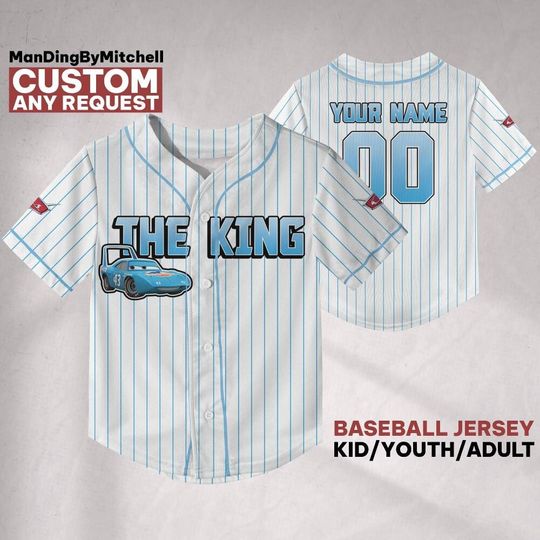 Discover Custom Disney Car The King Blue Striped Baseball, Custom Kid Youth Adult Baseball Family Team Jersey, Disneyland Cute Birthday Gift