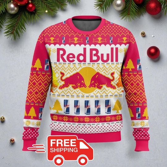 Discover Red Bull Ugly Christmas Sweater, Funny Energy Drink Holiday Sweatshirt, Beverage Lover Xmas Gift, Party Outfit for Him Her, Christmas Jumper