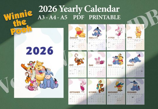 Discover 2026 Winnie the Pooh Calendar: Printable Monthly Planner (PDF Download A3-A4-A5 Size)