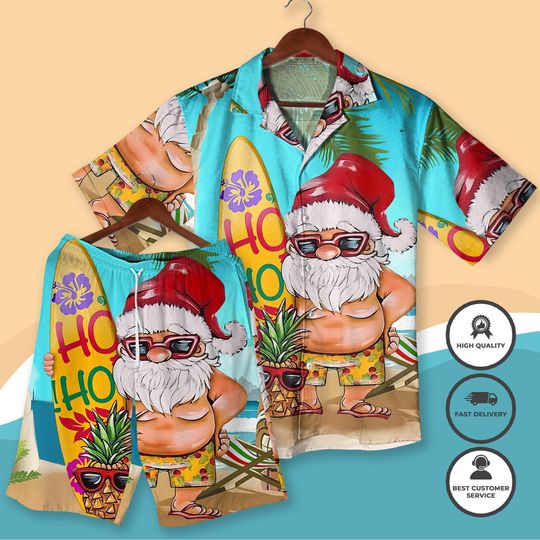 Discover Santa Surfboard Hawaiian Shirt Funny Christmas Beach Outfit, Ho Ho Ho Tropical Aloha Shirt and Shorts for Men Women Christmas Shirt Gifts