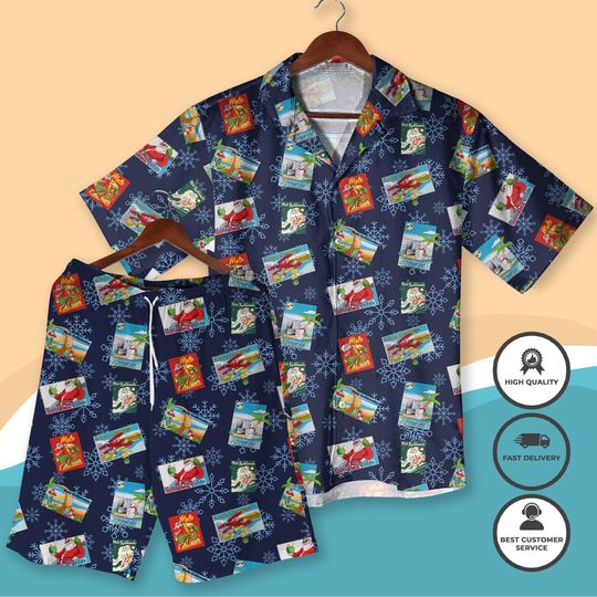 Vintage Postcard Christmas Hawaiian Shirt Shorts Retro Holiday Aloha Shirt Mele Kalikimaka Beach Outfit Funny Xmas Vacation Shirt Men Women
