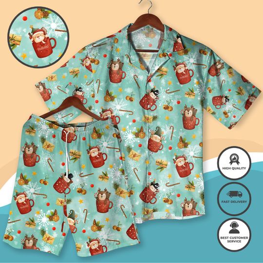Cute Christmas Mug Hawaiian Shirt Shorts Cozy Hot Cocoa Holiday Aloha Shirt Funny Xmas Outfit for Men Women Festive Winter Gift Lounge Set
