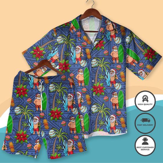 Discover Santa Surfing Christmas Hawaiian Shirt Shorts Tropical Xmas Aloha Shirt Funny Beach Holiday Outfit for Men Women Vacation Christmas Shirt