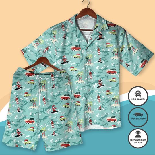 Discover Surfing Santa Christmas Hawaiian Shirt Shorts Tropical Xmas Aloha Shirt Men Women Beach Holiday Outfit Funny Vacation Christmas Shirt