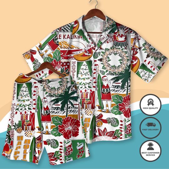 Mele Kalikimaka Hawaiian Christmas Shirt Tropical Santa Surf Aloha Shirt & Shorts Beach Holiday Outfit for Men Women - Christmas Party Gift