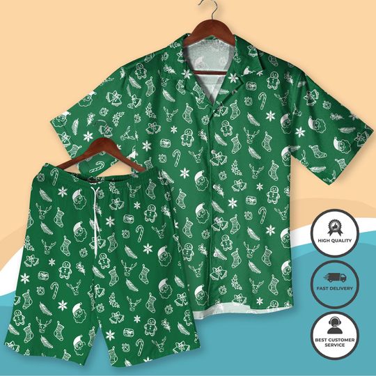 Discover Christmas Hawaiian Shirt Green Xmas Holiday Aloha Shirt & Shorts Festive Xmas Beach Outfit Funny Christmas Vacation Clothing Holiday Gift