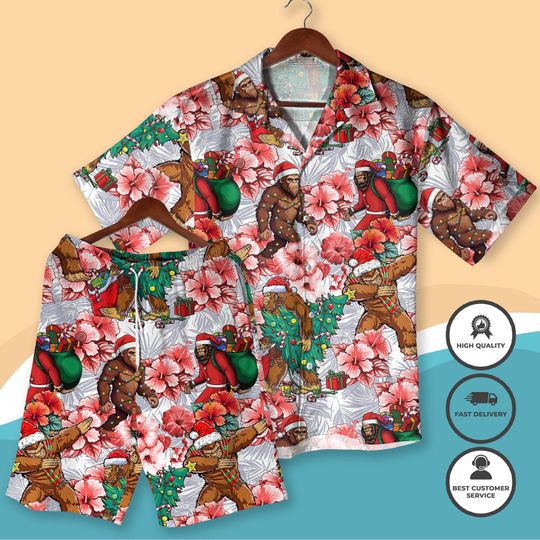 Discover Bigfoot Christmas Hawaiian Shirt and Shorts- Funny Sasquatch Xmas Outfit - Ugly Christmas Alternative - Matching Holiday Apparel Xmas Gift
