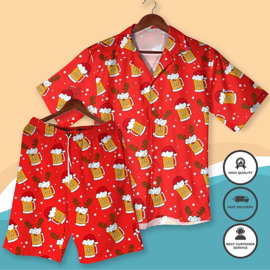 Discover Red Christmas Beer Hawaiian Shirt, Funny Santa Aloha Shirt, Xmas Drinking Outfit, Holiday Party Gift for Men & Women, Festive Beachwear gift