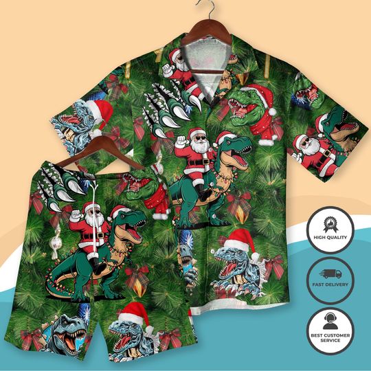 Discover Santa Riding Dinosaur Christmas Hawaiian Shirt Set Funny Xmas Aloha Shirt and Shorts, Festive Holiday Party Outfit , Santa Hawaiian Shirts