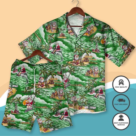 Discover Santa Hawaiian Shirt and Shorts Christmas Aloha Outfit, Funny Holiday Beachwear, Tropical Santa Claus Matching Shirt Christmas Shirt Gifts