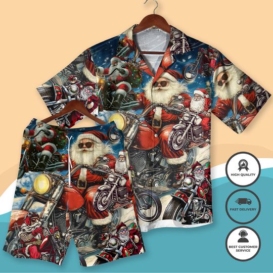 Discover Santa Motorcycle Hawaiian Shirt and Shorts Funny Christmas Beach Outfit Biker Santa Claus Holiday Aloha Shirt Xmas Gift for Him Funny Xmas