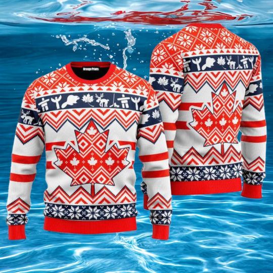 Discover Canada Maple Leaf Christmas Sweater, Red White Holiday Pullover