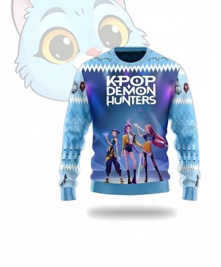 Discover Kpop  Ugly Christmas Sweater  Blue Knit Holiday Jumper, Anime Girl Group Winter Pullover, Unisex Cozy Xmas Gift PSK1359