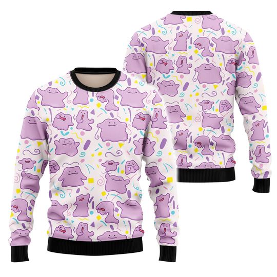 Ditto 3D  Xmas Sweater, Cute Type Aloha Ugly Sweater Anime Unique Ugly Sweater Anime Ditto Ugly Christmas Sweater Gift for Anime Fans