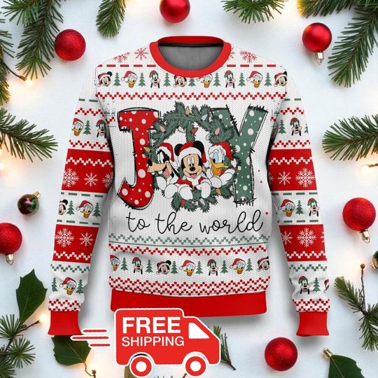 Discover Joy to the World Ugly Christmas Sweater, Cute Cartoon Mouse Friends Holiday Sweatshirt, Family Xmas Gift, Festive Party Jumper