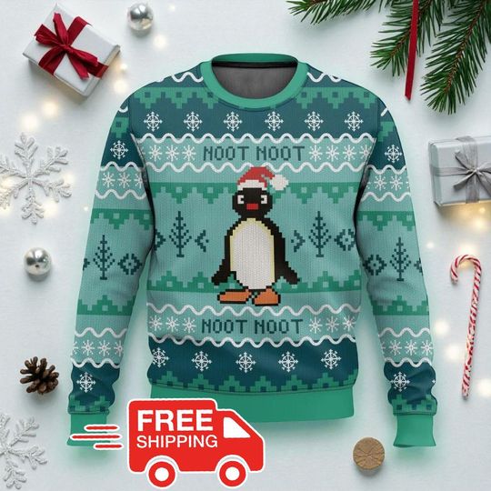 Discover Noot Noot Penguin Ugly Christmas Sweater, Funny Winter Holiday Sweatshirt, Cute Animal Xmas Gift, Retro Pixel Penguin Jumper