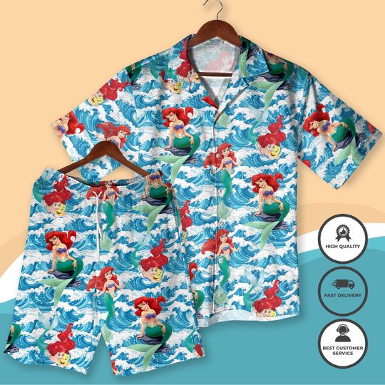 Discover Mermaid Hawaiian Shirt & Shorts Set - Ocean Wave Outfit, Tropical Beach Vacation Aloha Shirt, Sea Lover Gift for Women, Summer Outfit