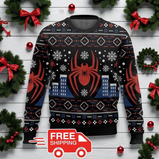 Discover Spider Inspired Ugly Christmas Sweater, Funny Superhero Holiday Sweatshirt, Marvel Style Xmas Outfit, Geek Gift for Him Her