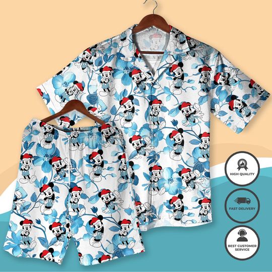 Discover Mickey in Santa Hat Christmas Hawaiian Shirt, Cute Mickey Beach Outfit, Tropical Vacation Shirt Shorts, Christmas Mickey Shirt, Xmas Gift