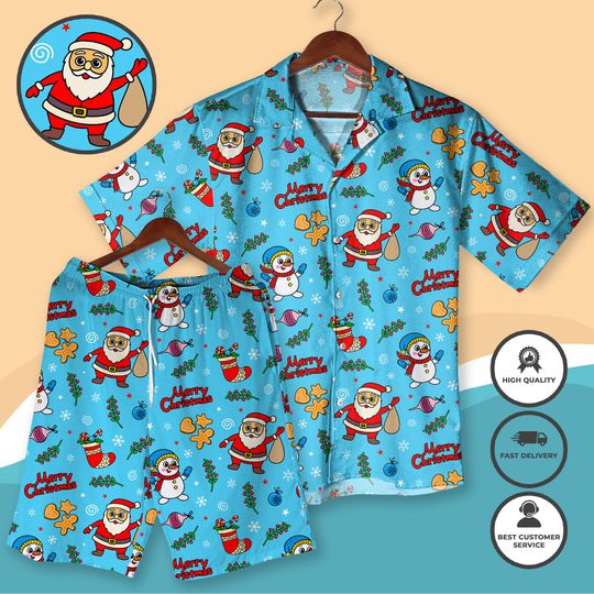 Discover Santa Claus Christmas Hawaiian Shirt Set, Funny Xmas Aloha Outfit with Festive Santa Snowman 3D Print Matching Family Holiday Vacation Shirt