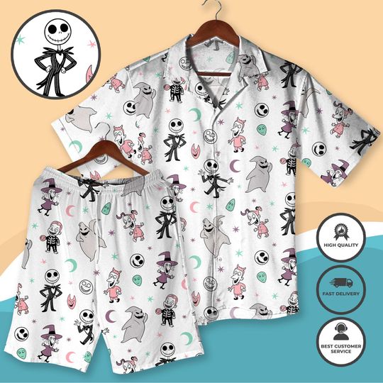 Spooky Season Skeleton Hawaiian Shirt Nightmare Cartoon Print Aloha Shirt Unisex Halloween Costume Horror Vacation Xmas Gift Matching Outfit