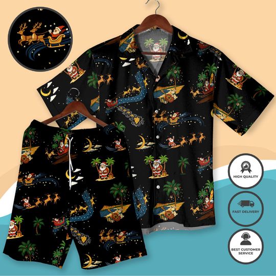 Discover Tropical Santa Hawaiian Shirt Funny Christmas Beach Outfit, Santa Sleigh Palm Tree Shirt, Festive Holiday Vacation Xmas Shirt for Men Women