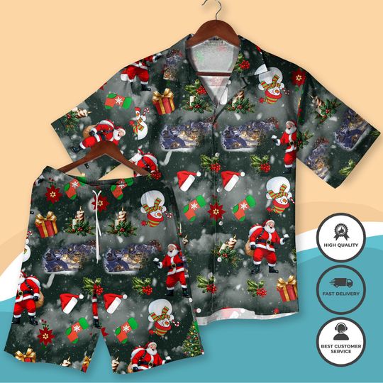 Discover Santa Claus Christmas Hawaiian Shirt Funny Xmas Shirt Shorts, Festive Santa Snowman 3D Print Holiday Outfit, Matching Family Christmas Shirt