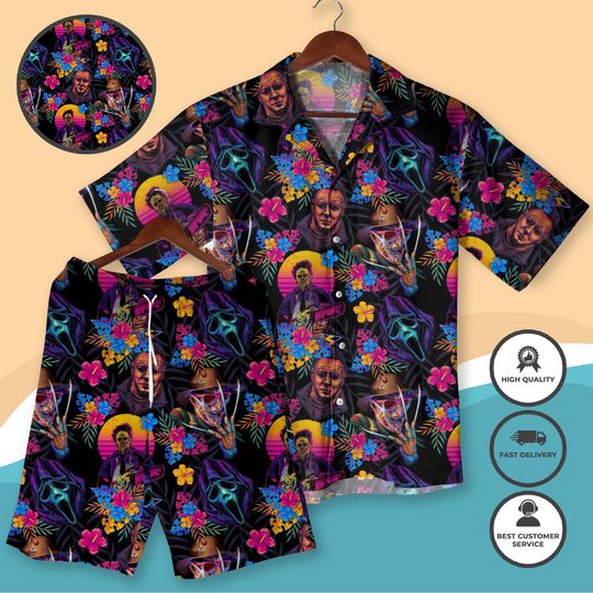 Discover Neon Horror Hawaiian Shirt Shorts Retro 80s Scary Movie Inspired Print Tropical Halloween Outfit, Festival Party Shirt Summer Vacation Shirt