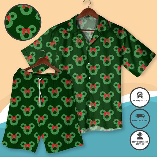 Discover Christmas Mickey Wreath Hawaiian Shirt and Shorts Holiday Style Beach Outfit Xmas Vacation Matching Family Shirt Xmas Mickey Shirt Gifts