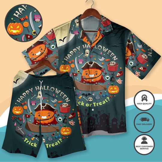Discover Happy Halloween Hawaiian Shirt and Shorts Pirate Pumpkin Trick or Treat Outfit Fun Spooky Party Beachwear for Men Women Halloween Shirts