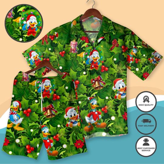 Christmas Donald Duck Hawaiian Shirt and Shorts Festive Holiday Holly Print Donald Duck Green Tropical Christmas Party Outfit for Men Women