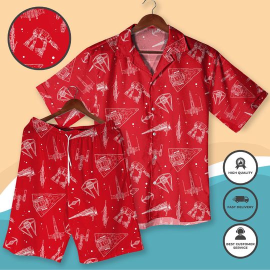 Discover Red Space Adventure Hawaiian Shirt Shorts Galactic Starship Print Fun Sci-Fi Vacation Festival Outfit for Men Women Red Xmas Hawaiian Shirt
