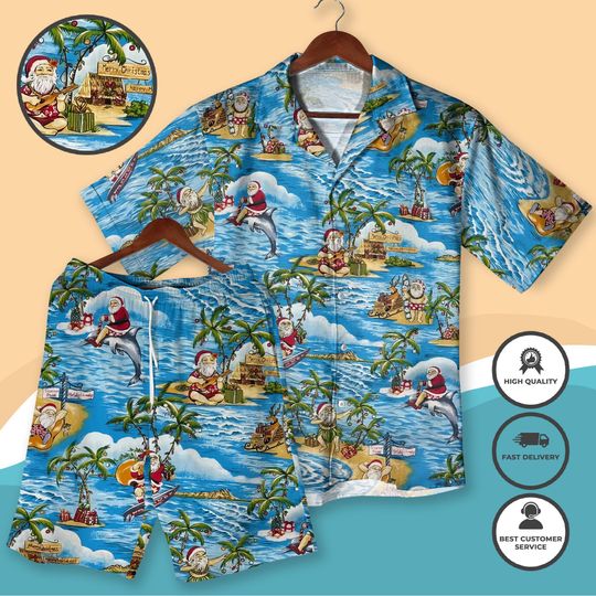 Discover Christmas Hawaiian Shirt Santa Aloha Holiday Outfit, Beach Vacation Santa Claus Shirt Shorts, Funny Xmas Tropical Matching Shirt, Xmas Gifts