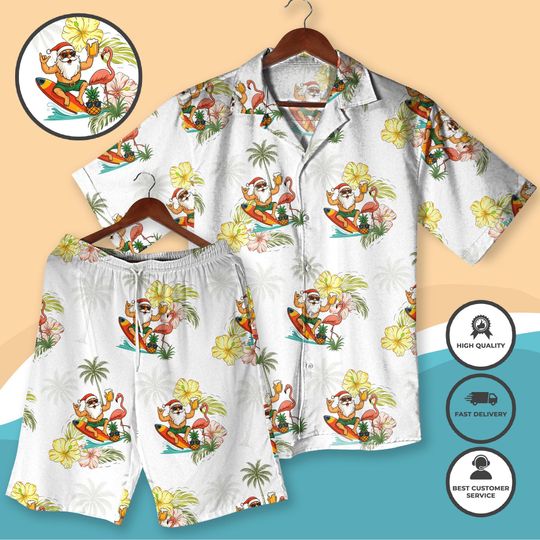 Discover Christmas Hawaiian Shirt Santa Aloha Holiday Outfit, Beach Vacation Santa Claus Shirt Shorts, Funny Xmas Tropical Matching Shirt, Xmas Gifts