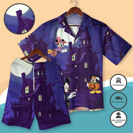 Discover Halloween Mickey Minnie Hawaiian Shirt Minnie Witch Haunted House Outfit Mickey Matching Shirt and Shorts Halloween Spooky Vacation Look