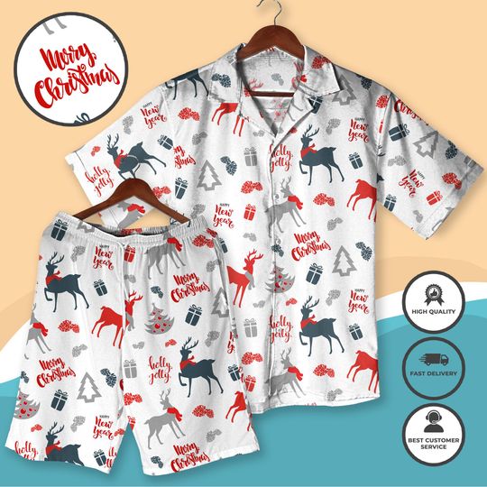 Discover Christmas Reindeer Hawaiian Shirt Festive Holiday Outfit with Deer, Gifts Xmas Trees, Men Women Christmas Aloha Shirt and Shorts, Xmas Gifts