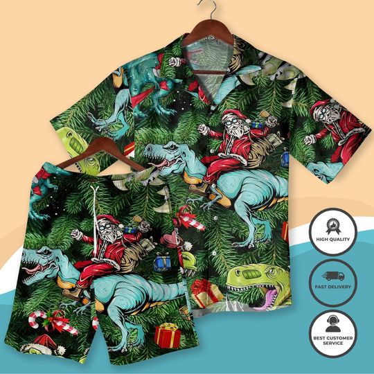 Discover Santa Riding Dinosaur Christmas Hawaiian Shirt Set Funny Xmas Aloha Shirt and Shorts, Festive Holiday Party Outfit , Santa Hawaiian Shirts