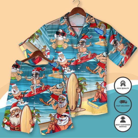 Discover Surfing Santa Hawaiian Shirt Funny Christmas Beach Outfit, Santa Claus Surf Holiday Aloha Shirt and Shorts for Men Women, Xmas Shirt Gifts