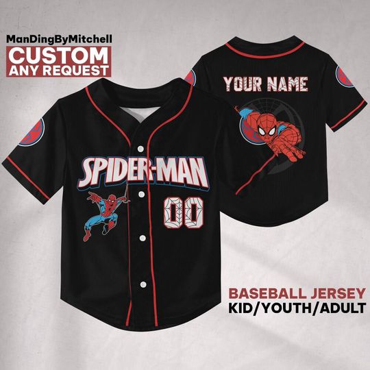 Discover Personalize Disney Spider-Man Black Red Baseball Jersey, Custom Spider-Verse Team Shirt, Disney Baseball Outfit for Fans