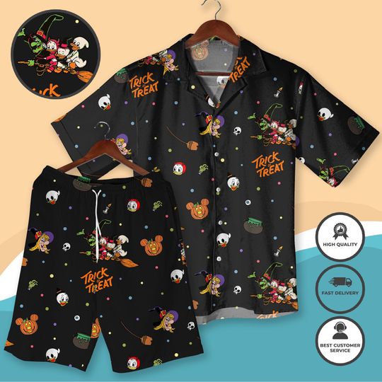 Discover Halloween Trick or Treat Hawaiian Shirt Shorts Cartoon Witch And Duck Costume Outfit Funny Halloween Spooky Season Shirt Fall Party Clothes