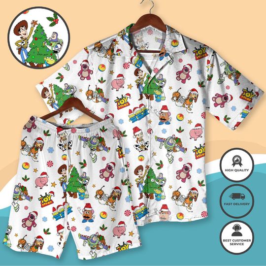 Discover Christmas Toy Matching Shirt and Shorts Fun Xmas Cartoon Shirt for Adults Buzz, Woody, Rex, and Friends in Santa Hat 3D All Over Print Shirt
