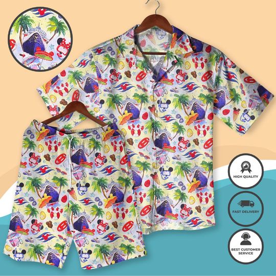 Discover Magical Vacation Hawaiian Shirt & Shorts Tropical Theme Park Outfit, Beach Cruise Wear  Unisex Summer Aloha Clothing Mickey Friends Style