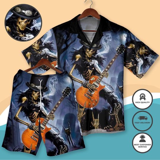 Rock Guitar Skeleton Hawaiian Shirt Shorts Gothic Halloween Music Festival Outfit Heavy Metal Aloha Shirt for Men Women Edgy Party Wear